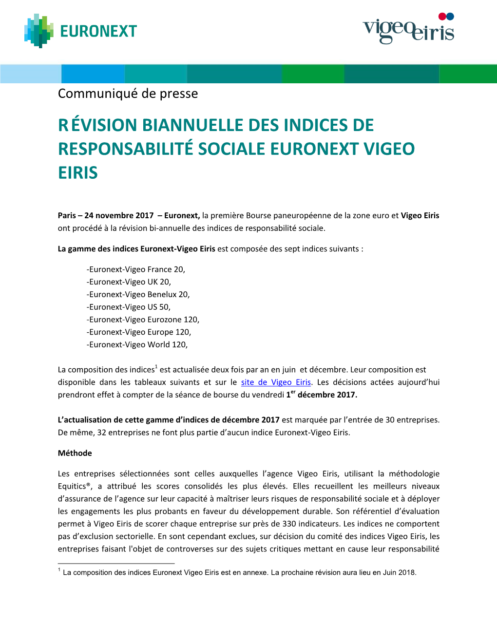 Révision Biannuelle Des Indices De Responsabilité Sociale Euronext