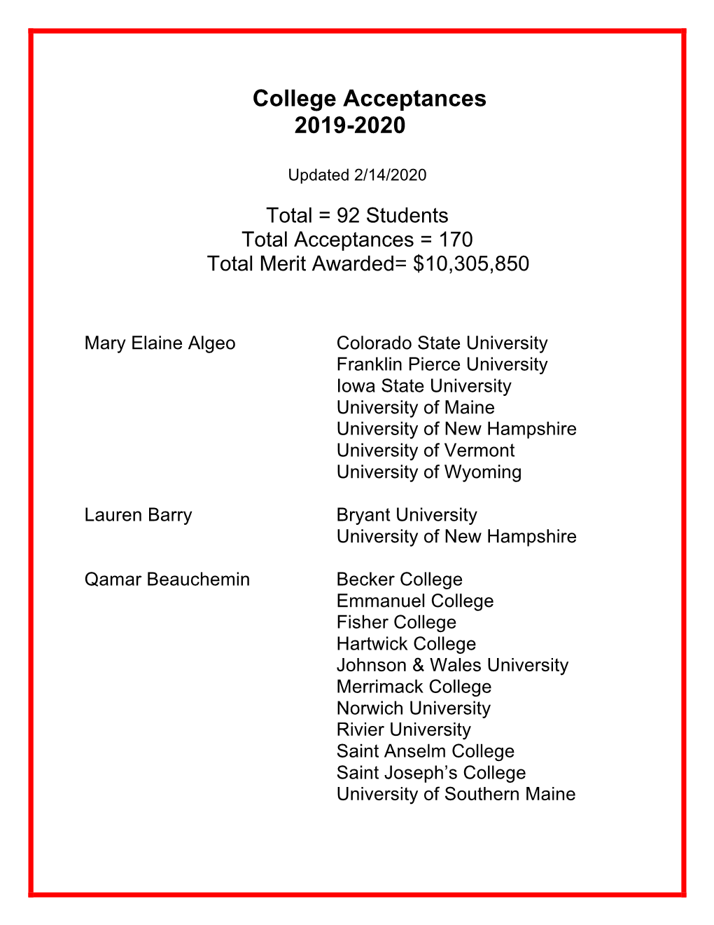 College Accept-Running List 2020