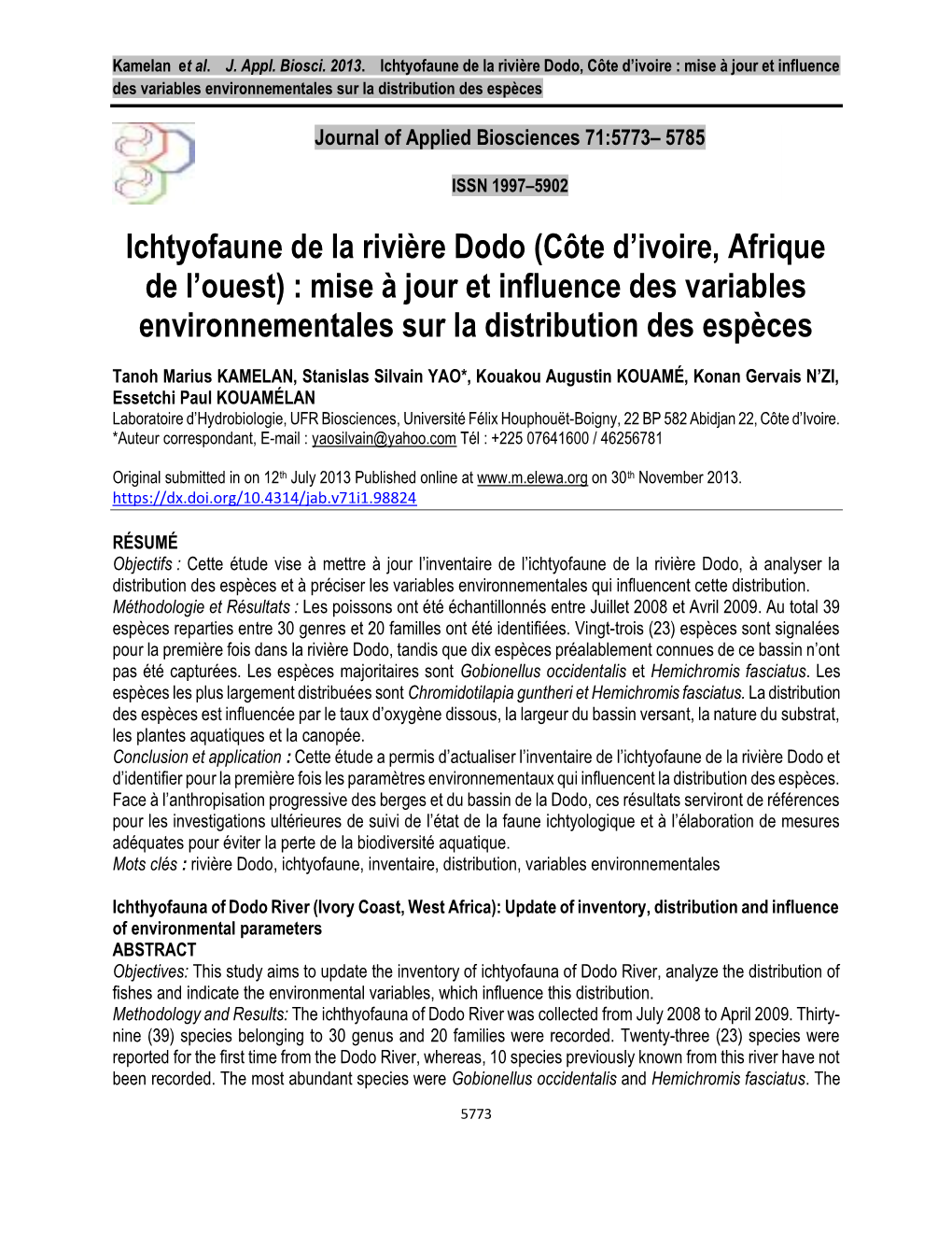 Ichtyofaune De La Rivière Dodo, Côte D’Ivoire : Mise À Jour Et Influence Des Variables Environnementales Sur La Distribution Des Espèces
