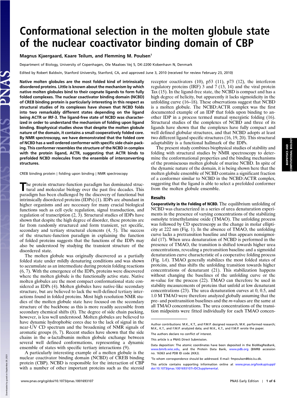 Conformational Selection in the Molten Globule State of the Nuclear Coactivator Binding Domain of CBP