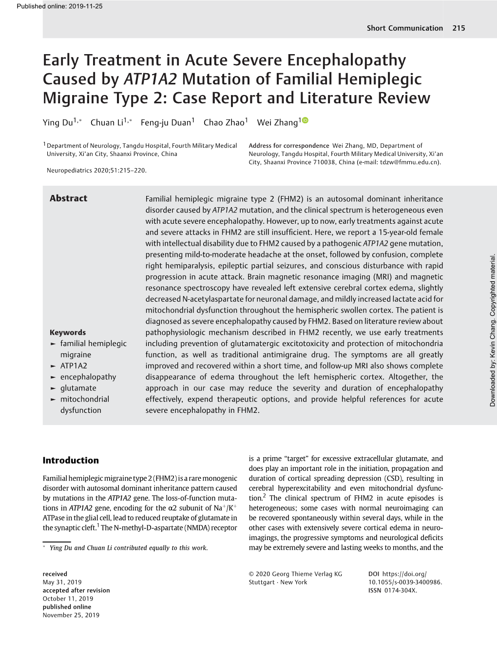 Early Treatment in Acute Severe Encephalopathy Caused by ATP1A2 Mutation of Familial Hemiplegic Migraine Type 2: Case Report and Literature Review