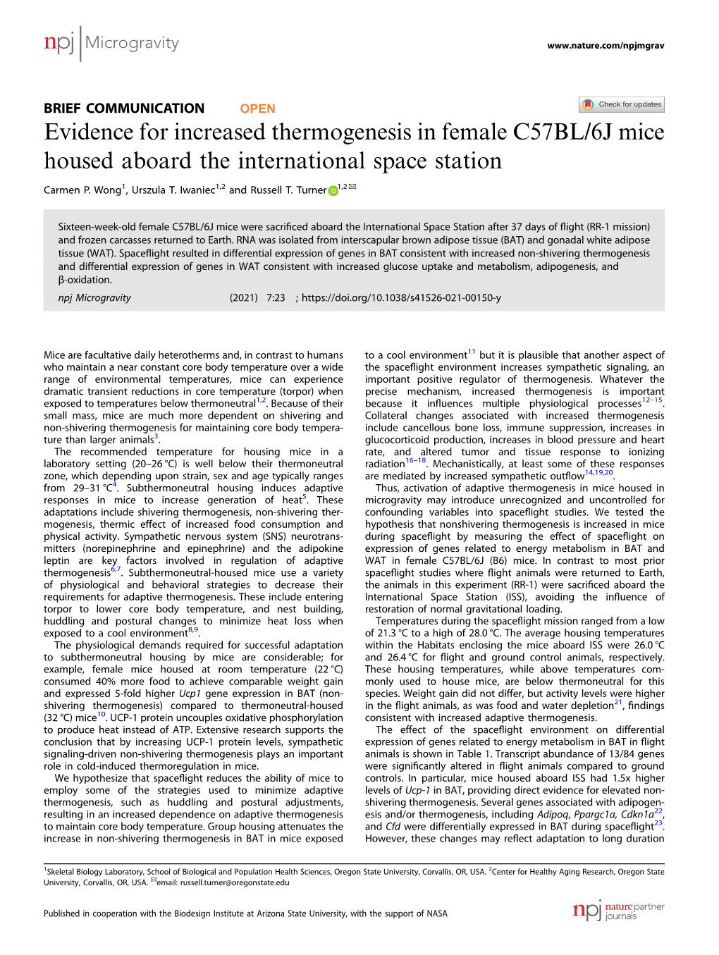 Evidence for Increased Thermogenesis in Female C57BL/6J Mice Housed Aboard the International Space Station ✉ Carmen P