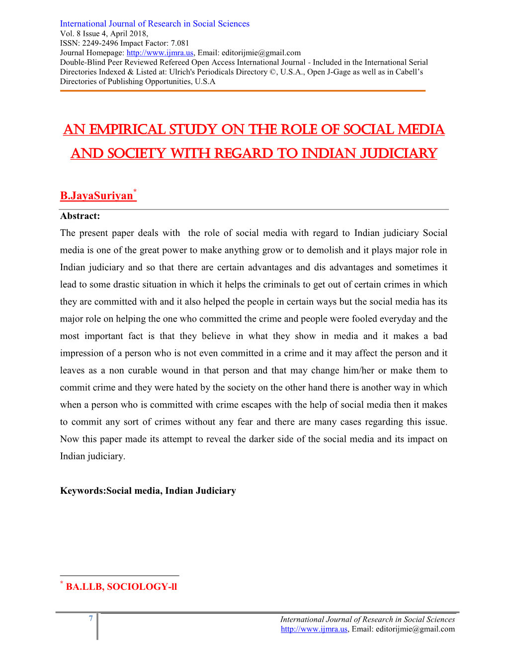 An Empirical Study on the Role of Social Media and Society with Regard to Indian Judiciary