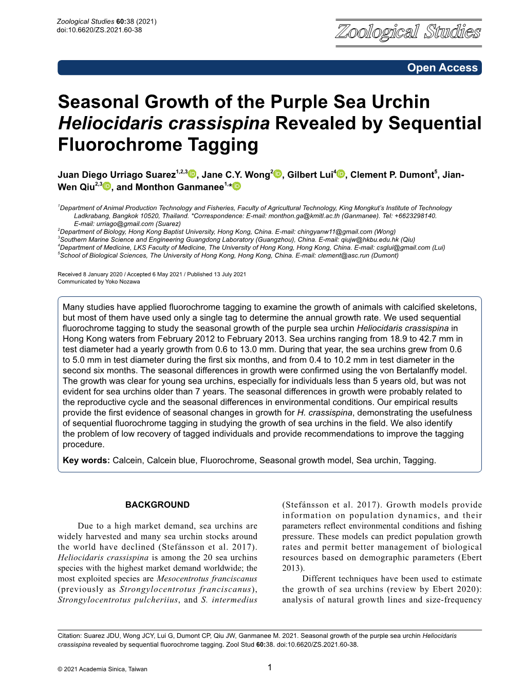 Seasonal Growth of the Purple Sea Urchin Heliocidaris Crassispina Revealed by Sequential Fluorochrome Tagging