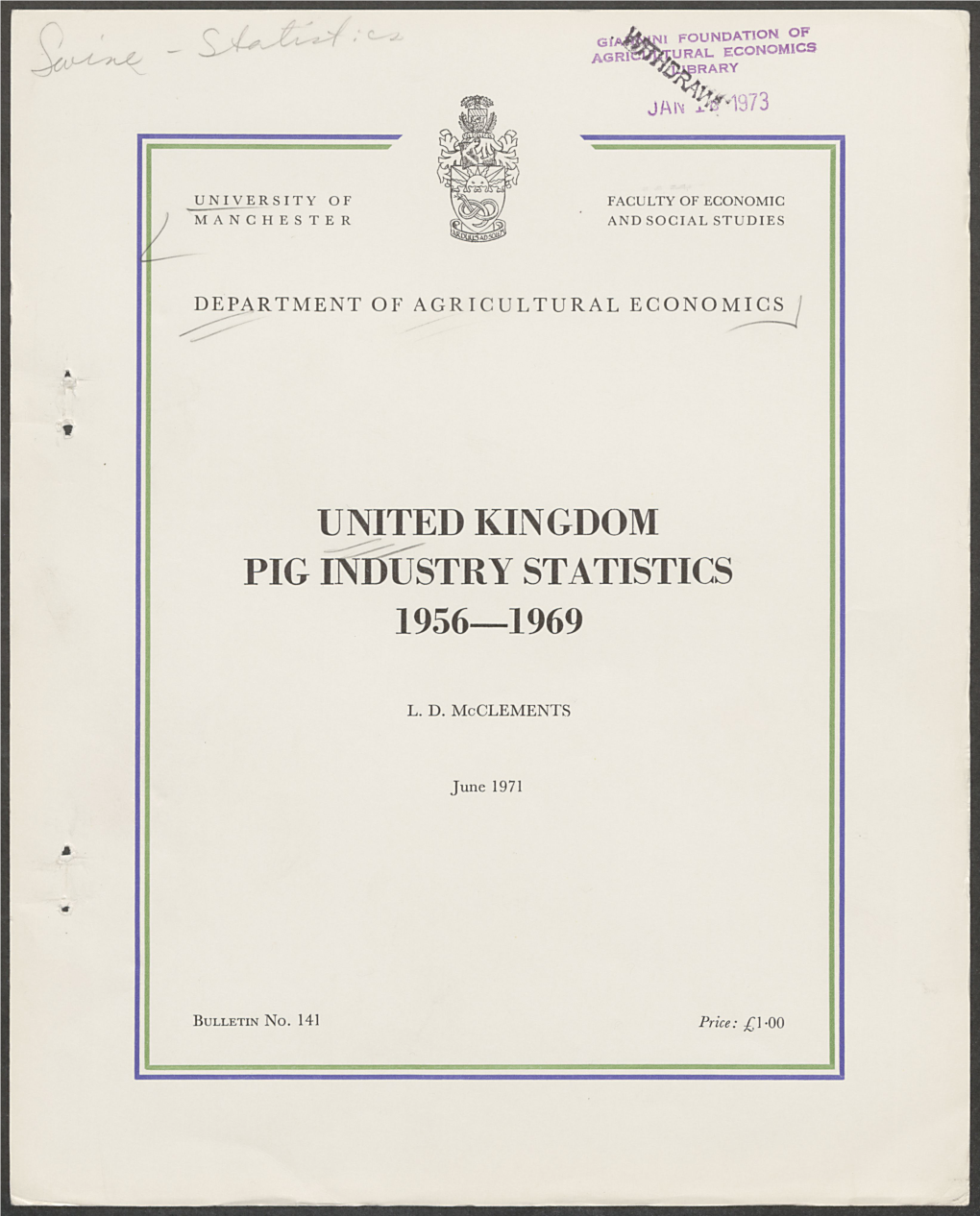 United Kingdom Pig Industry Statistics 1956-1969