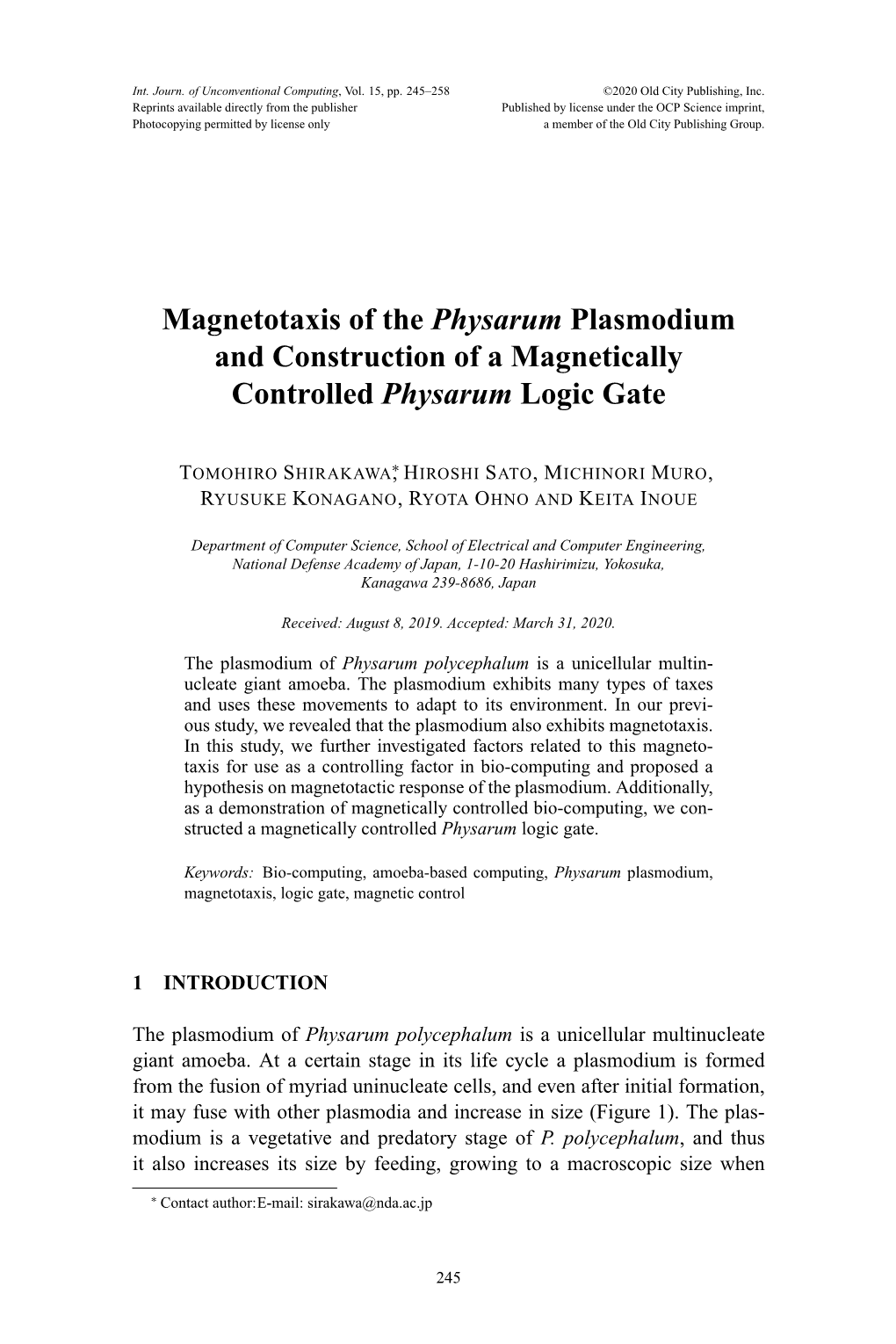 Magnetotaxis of the Physarum Plasmodium and Construction of a Magnetically Controlled Physarum Logic Gate