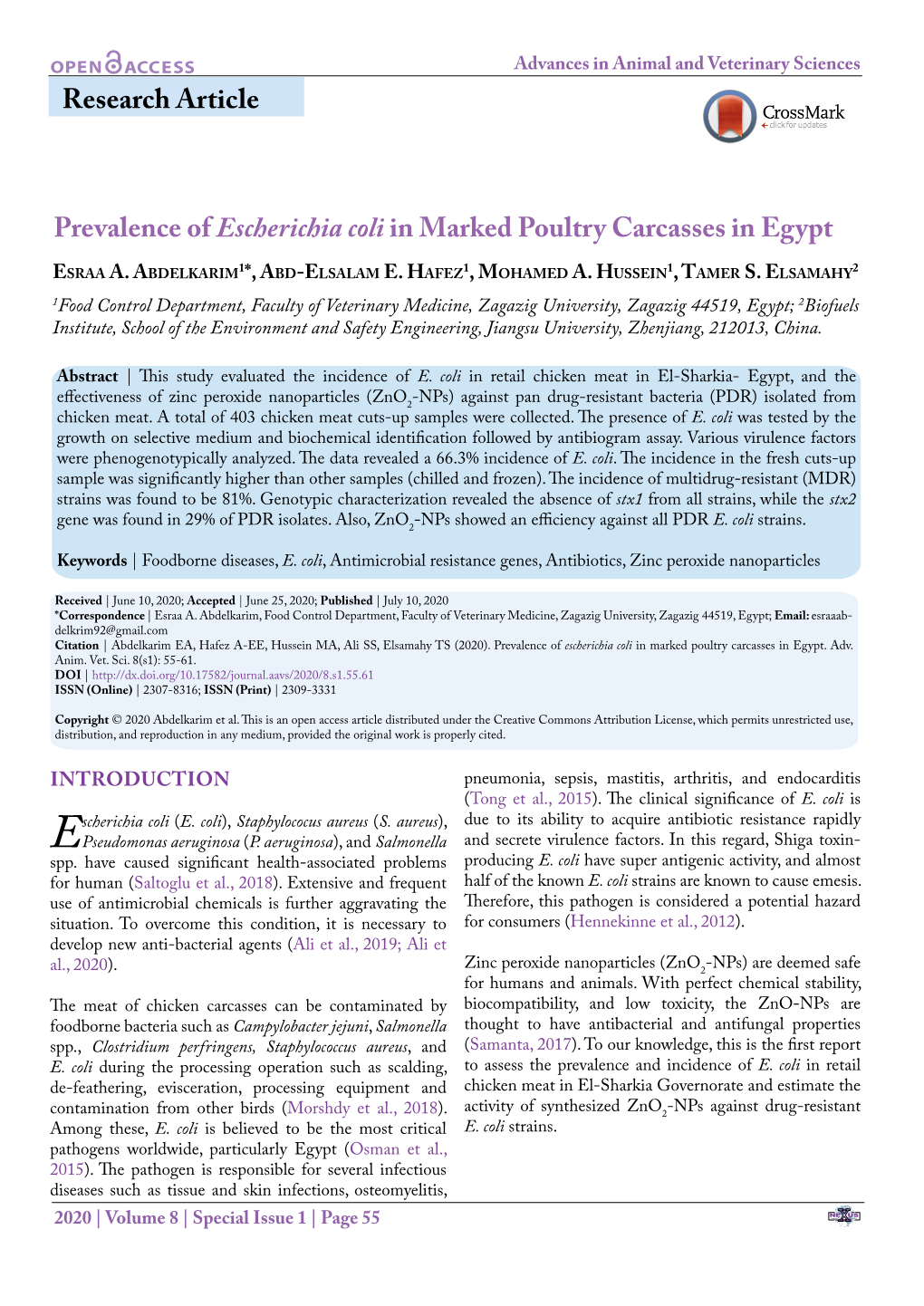 Escherichia Coli in Marked Poultry Carcasses in Egypt