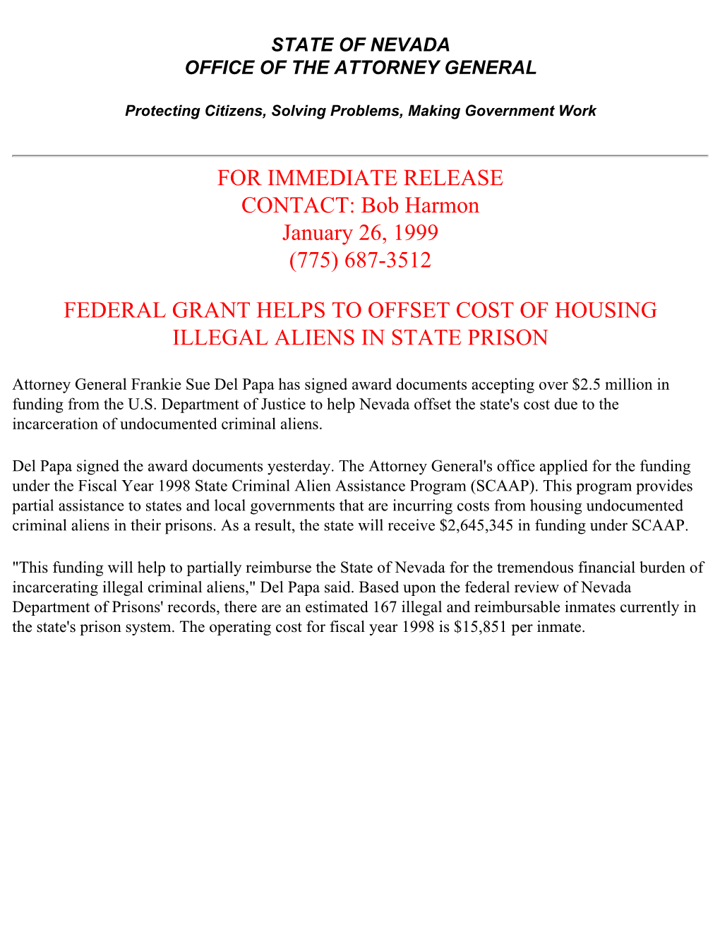 Attorney General/1999 News Releases