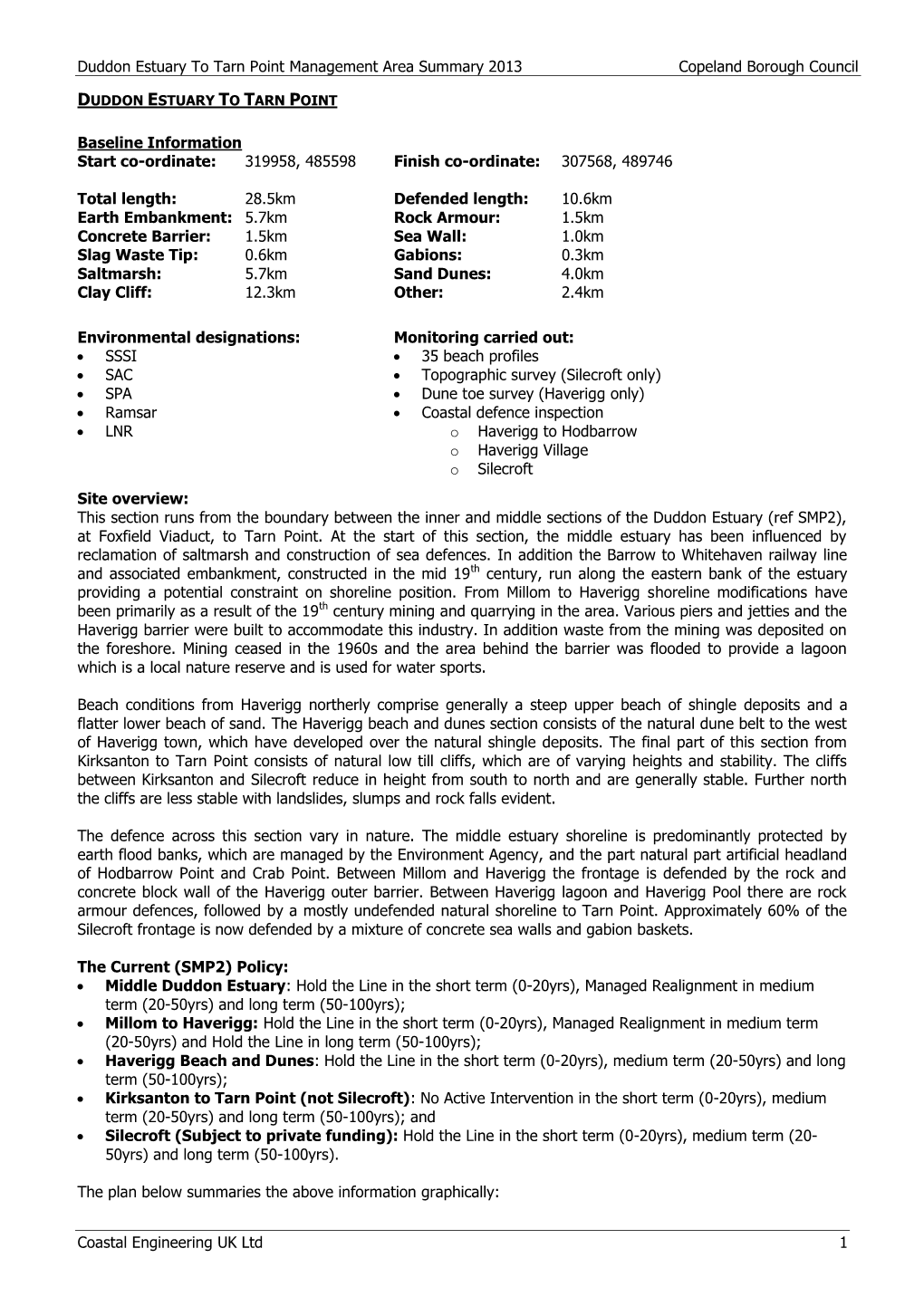 Duddon Estuary to Tarn Point Management Area Summary 2013 Copeland Borough Council