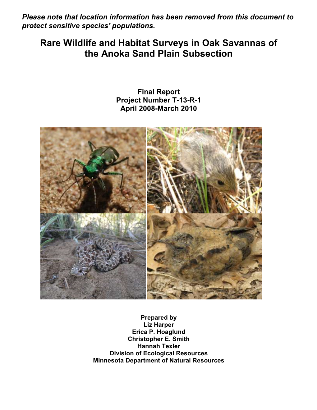 Rare Wildlife and Habitat Surveys in Oak Savannas of the Anoka Sand Plain Subsection