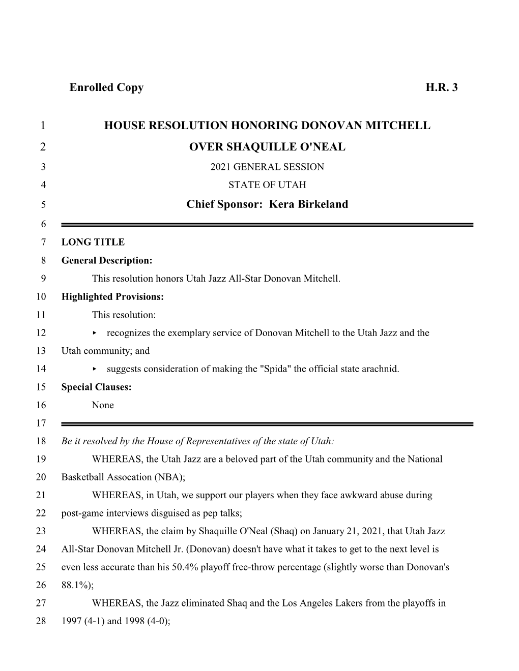 Chief Sponsor: Kera Birkeland 6 7 LONG TITLE 8 General Description: 9 This Resolution Honors Utah Jazz All-Star Donovan Mitchell