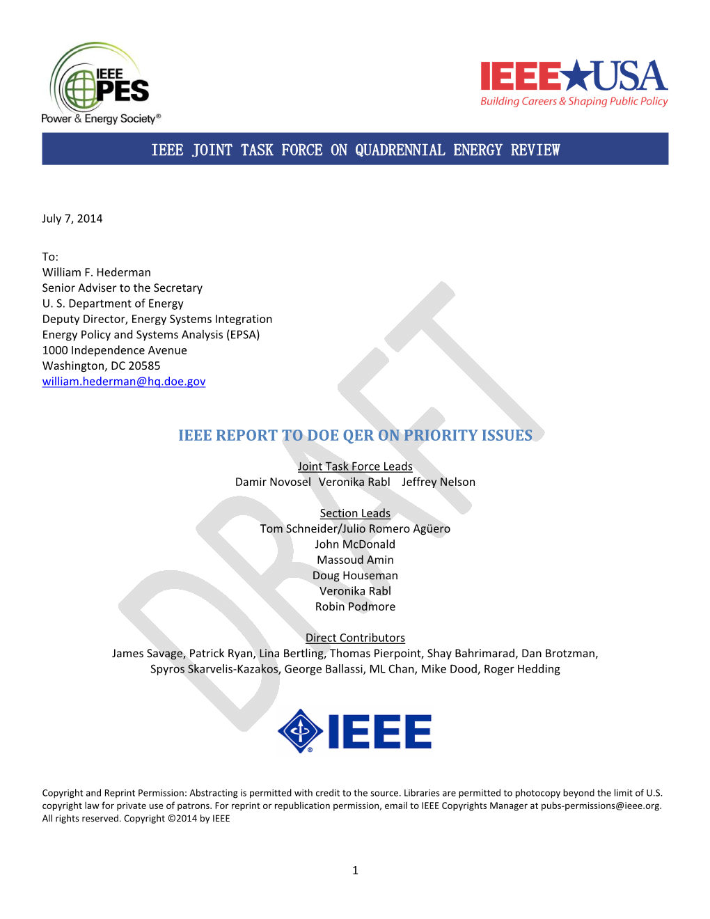 Ieee Report to Doe Qer on Priority Issues Ieee Joint Task Force on Quadrennial Energy Review