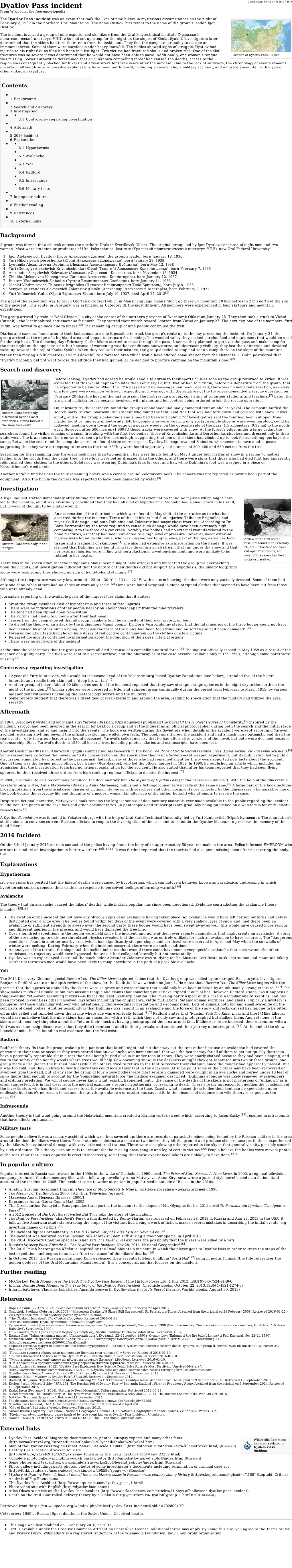 Dyatlov Pass Incident from Wikipedia, the Free Encyclopedia