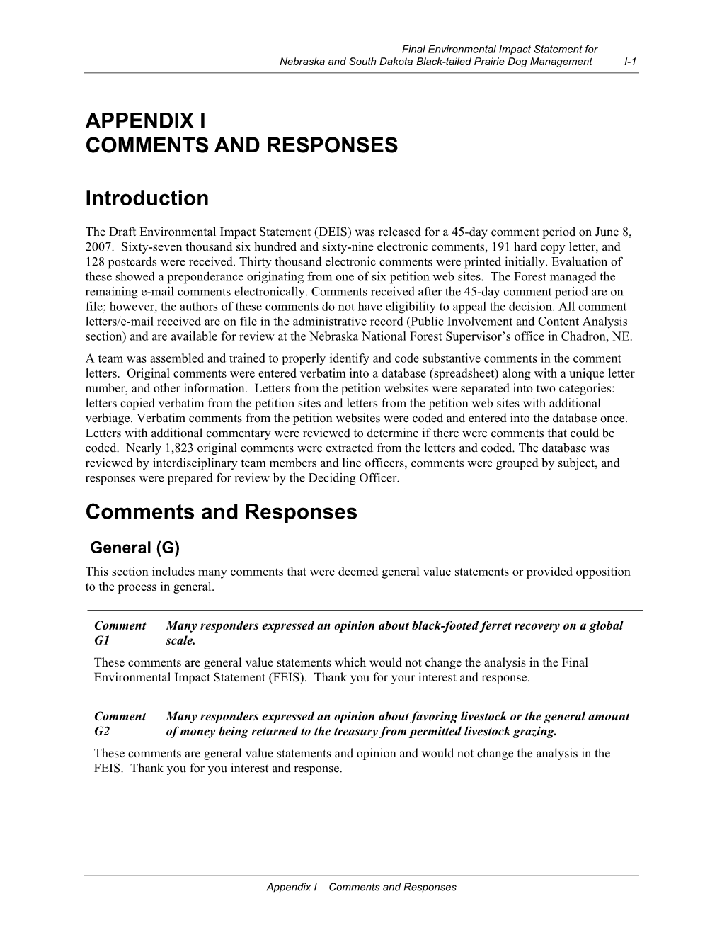 Appendix I Comments and Responses