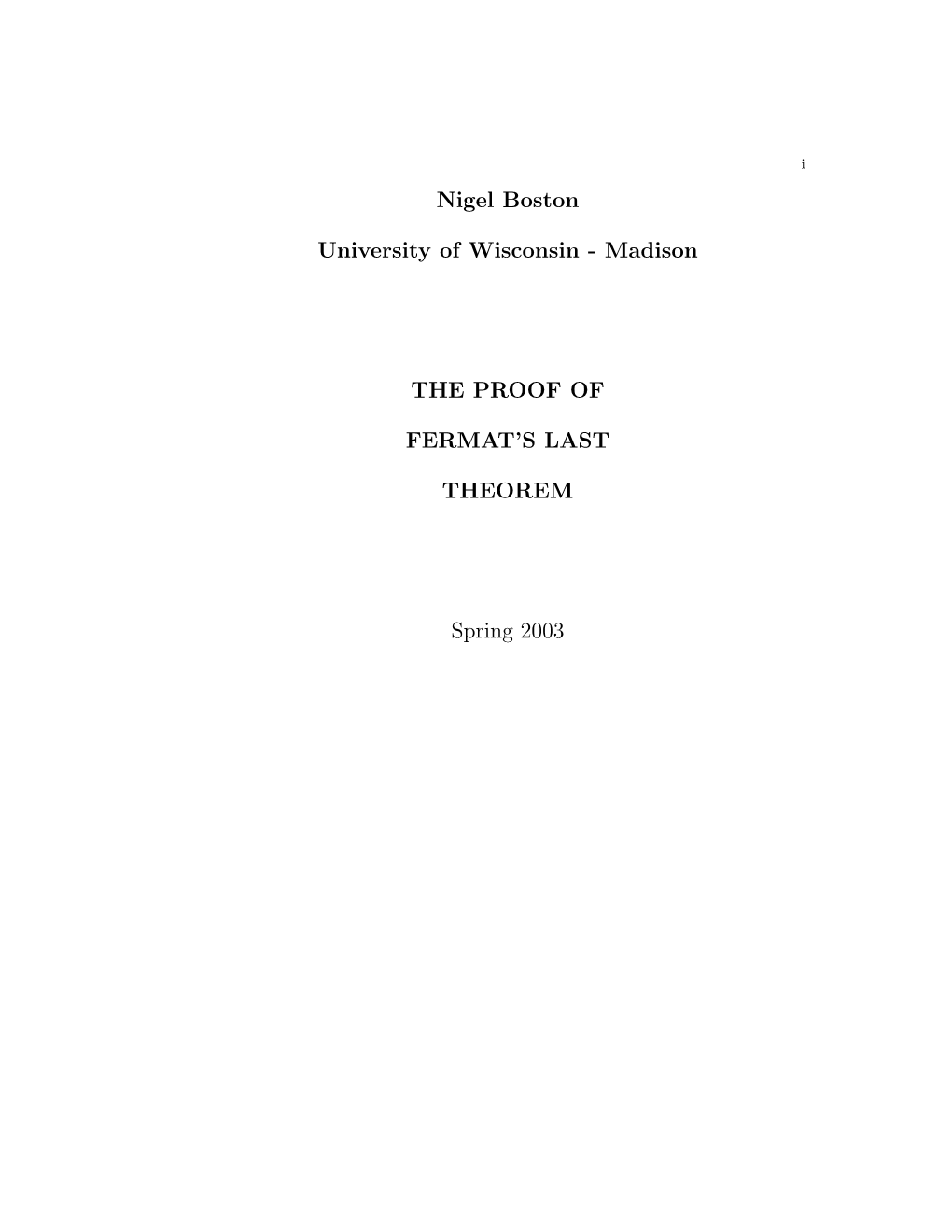 Madison the PROOF of FERMAT's LAST THEOREM Spring 2003