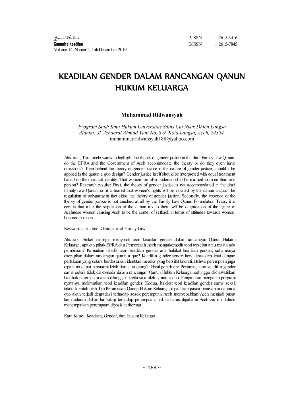 Keadilan Gender Dalam Rancangan Qanun Hukum Keluarga