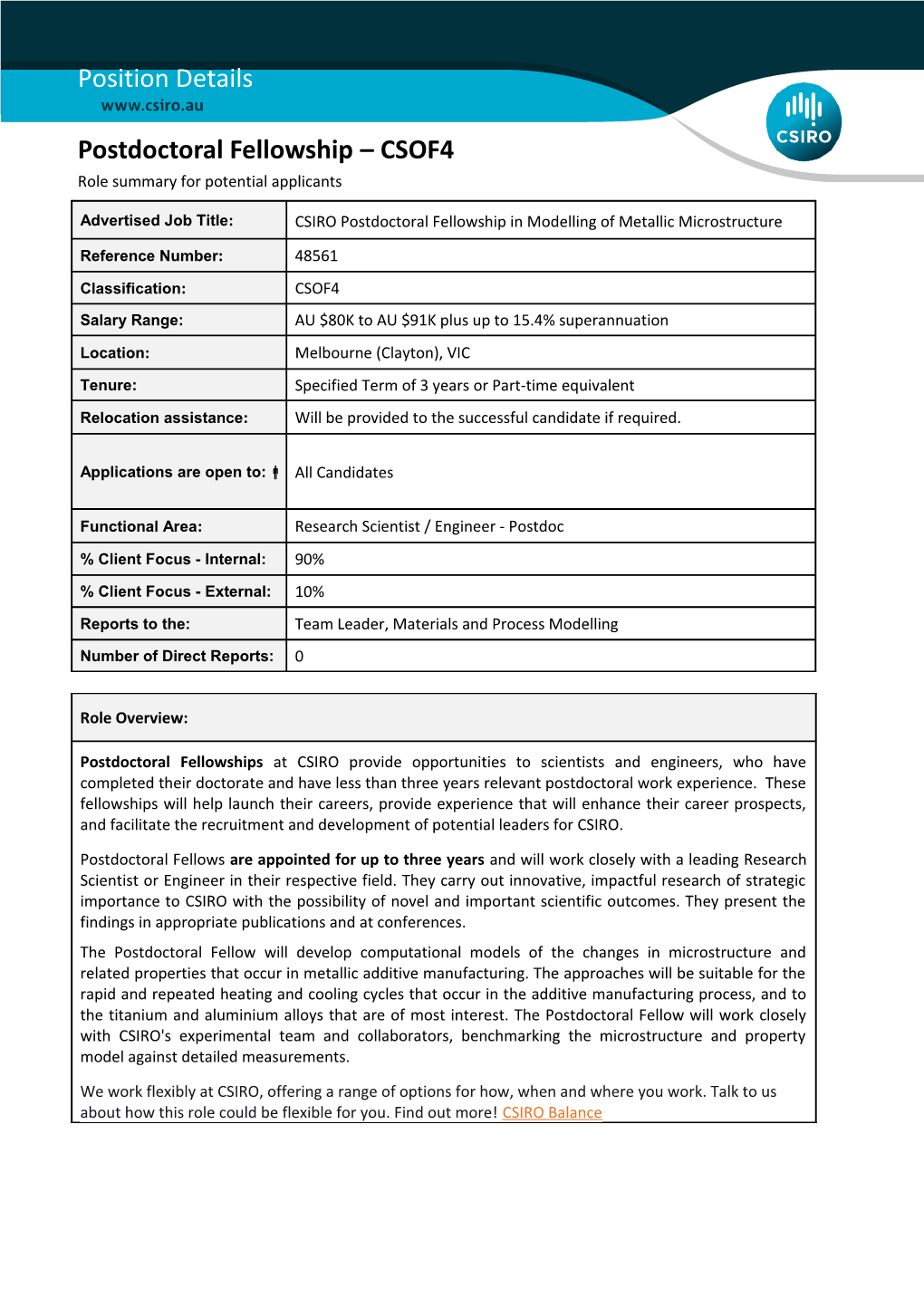 Position Details - Postdoctoral Fellowship - CSOF4 s2