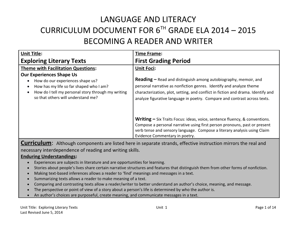 Curriculum Document for 6Th Grade Ela 2014 2015