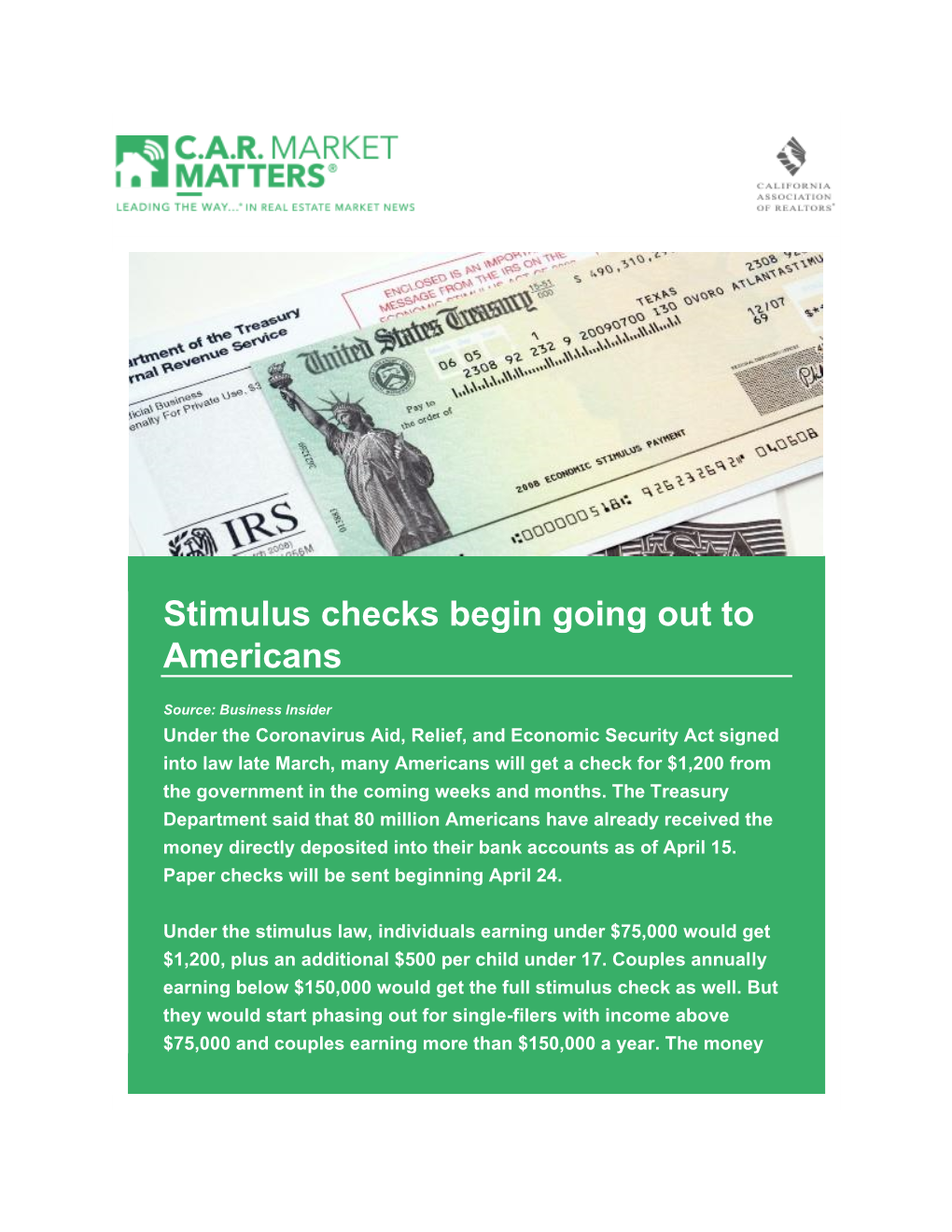 Stimulus Checks Begin Going out to Americans