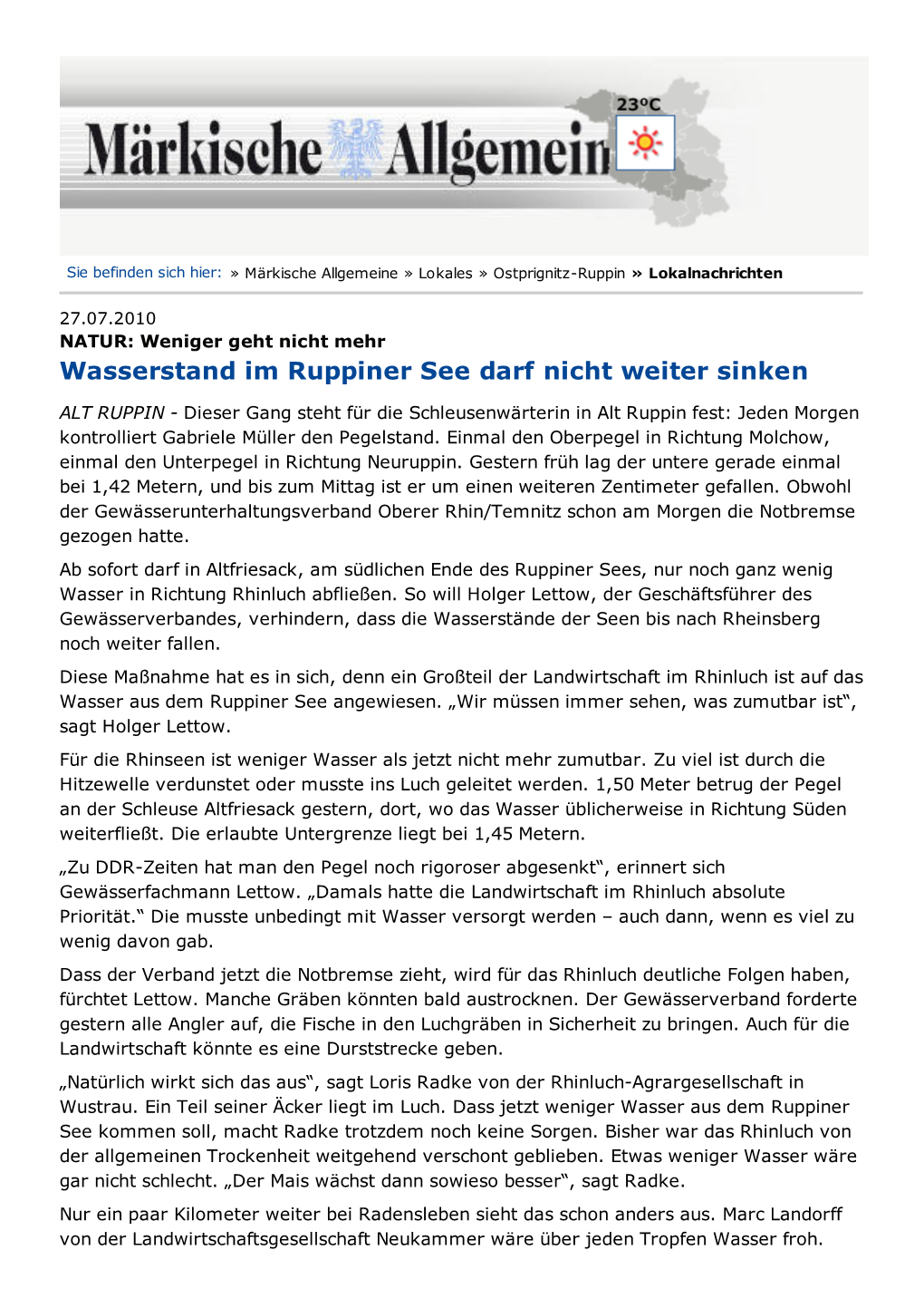 Weniger Geht Nicht Mehr Wasserstand Im Ruppiner See Darf Nicht Weiter Sinken