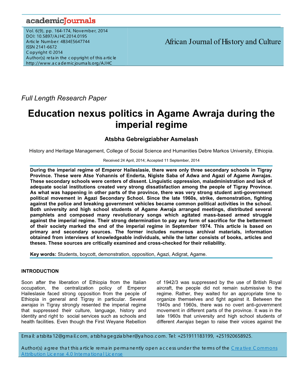 Education Nexus Politics in Agame Awraja During the Imperial Regime