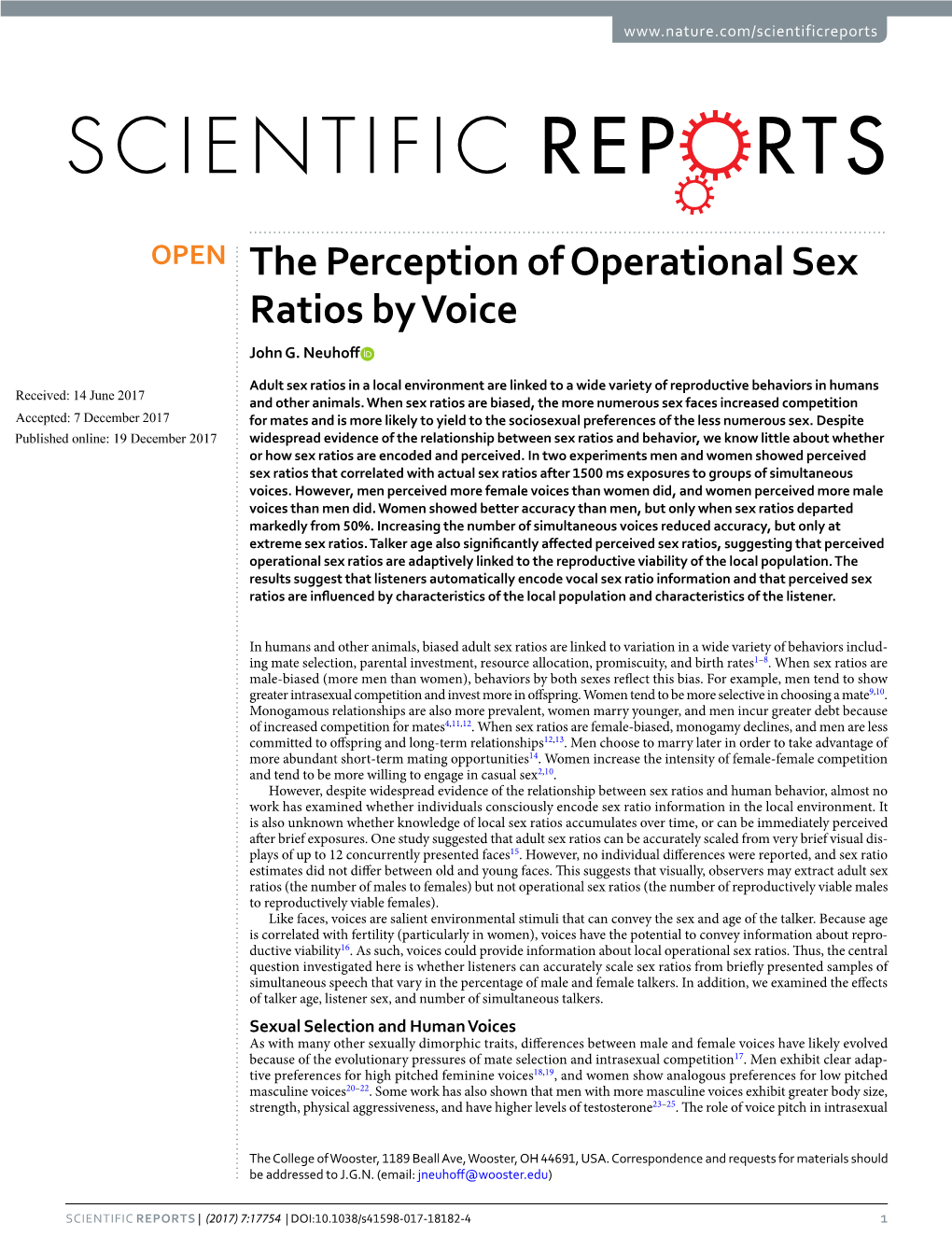 The Perception of Operational Sex Ratios by Voice John G