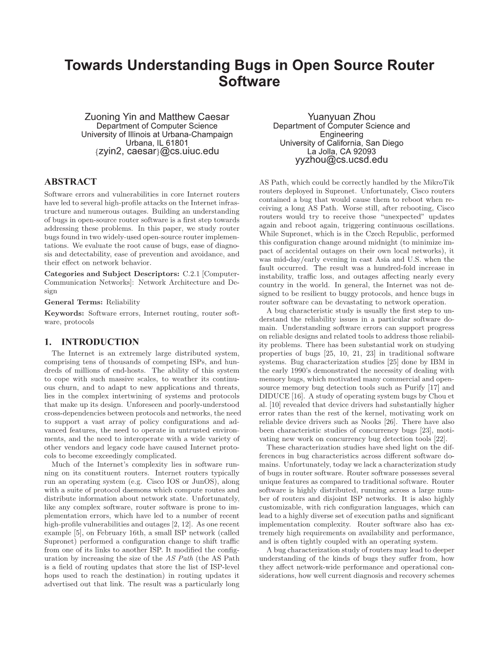 Towards Understanding Bugs in Open Source Router Software