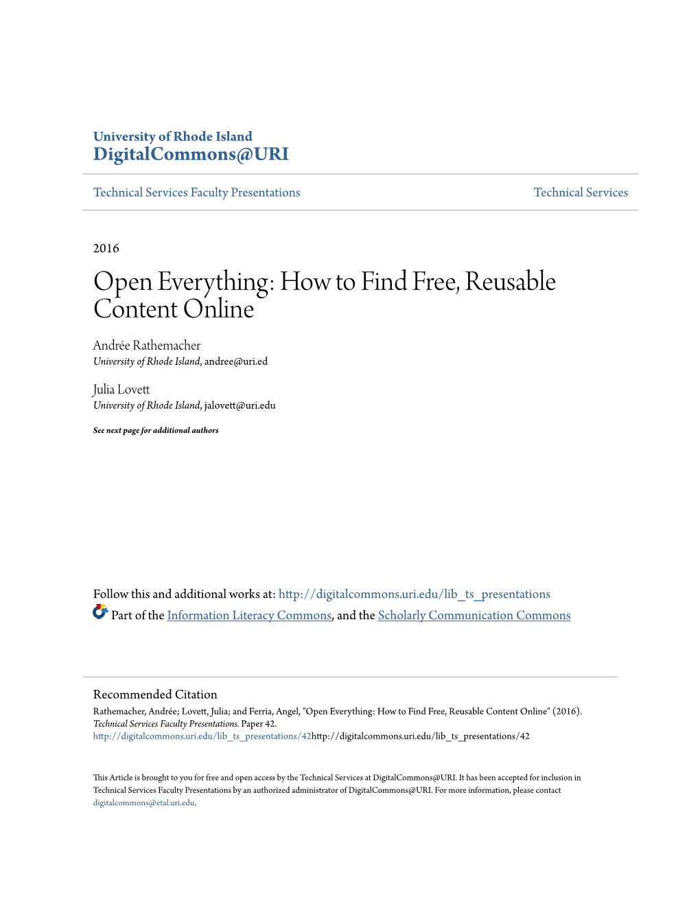 How to Find Free, Reusable Content Online Andrée Rathemacher University of Rhode Island, Andree@Uri.Ed