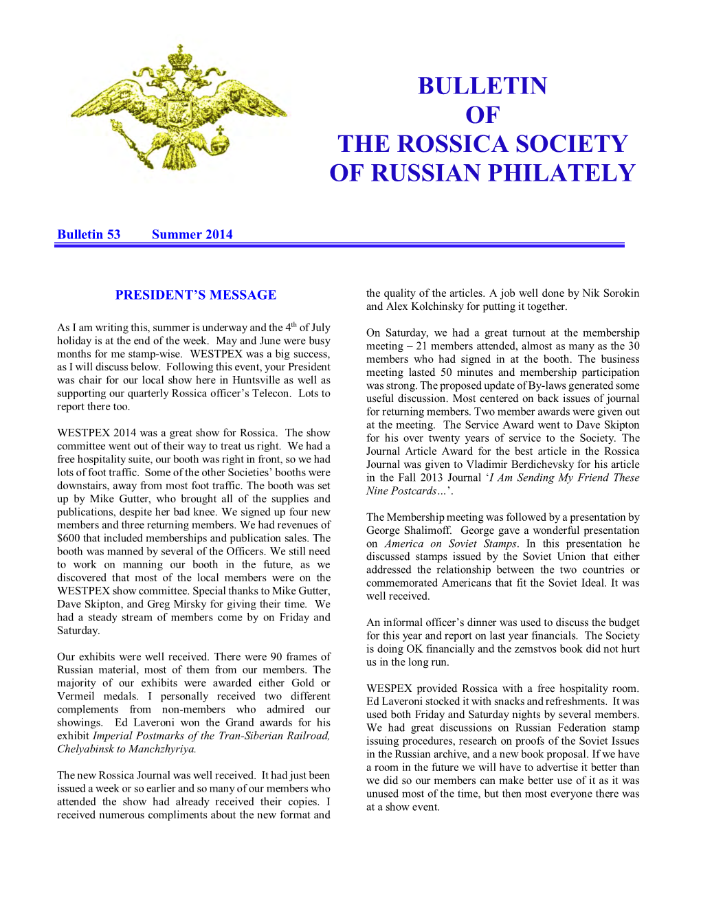 Bulletin of the Rossica Society of Russian Philately