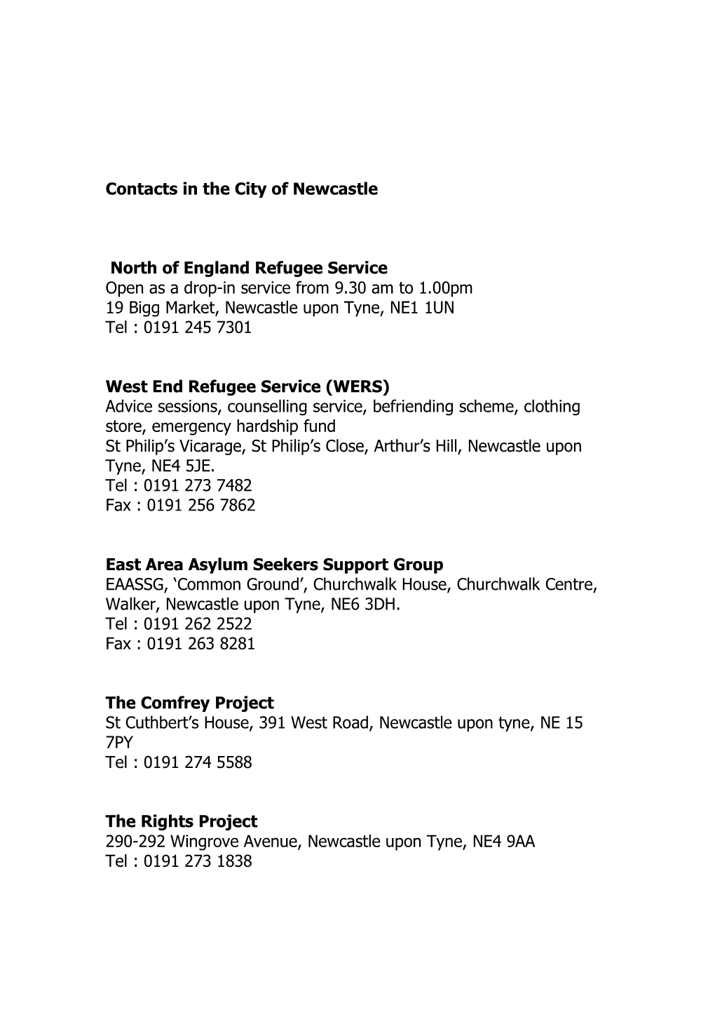 Contacts in the City of Newcastle North of England Refugee Service