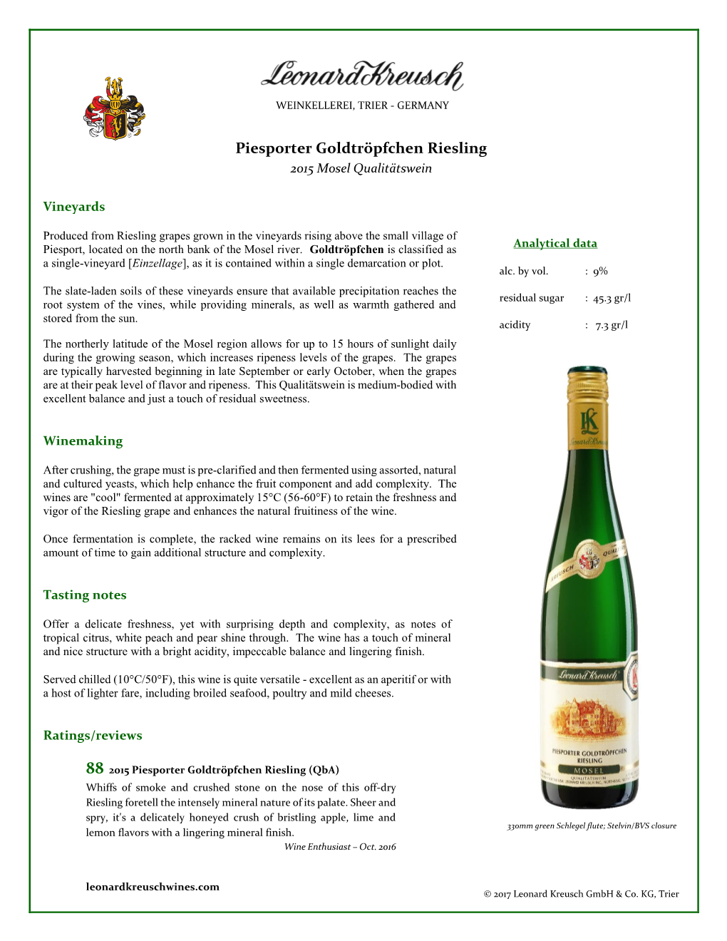 Piesporter Goldtröpfchen Riesling 2015 Mosel Qualitätswein