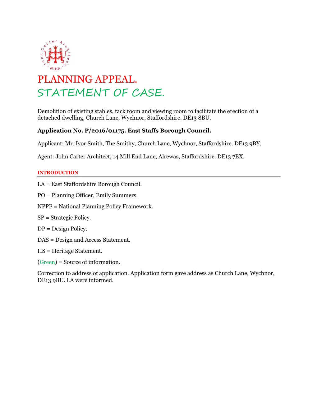 Planning Appeal. Statement of Case