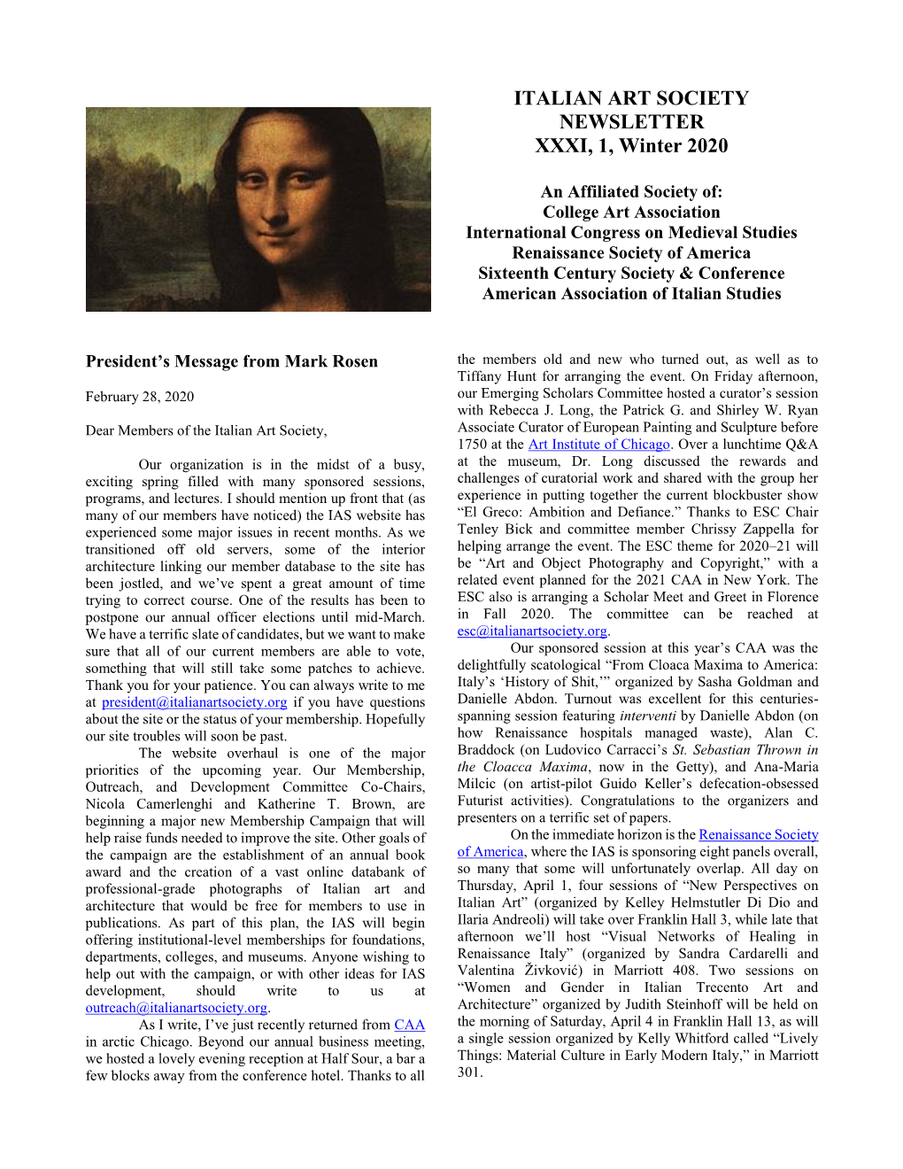 ITALIAN ART SOCIETY NEWSLETTER XXXI, 1, Winter 2020