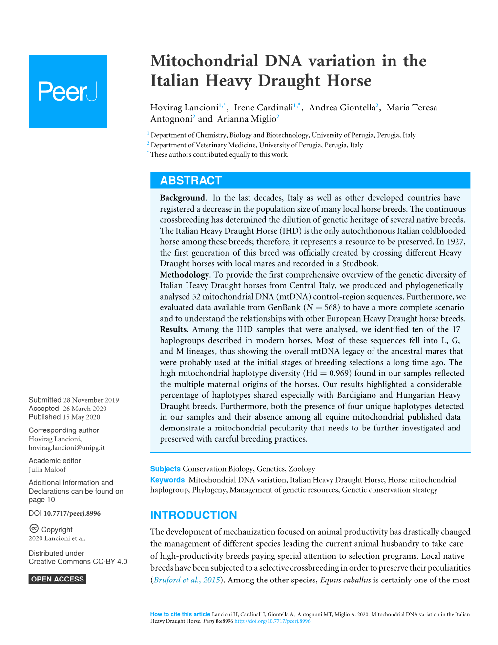 Mitochondrial DNA Variation in the Italian Heavy Draught Horse