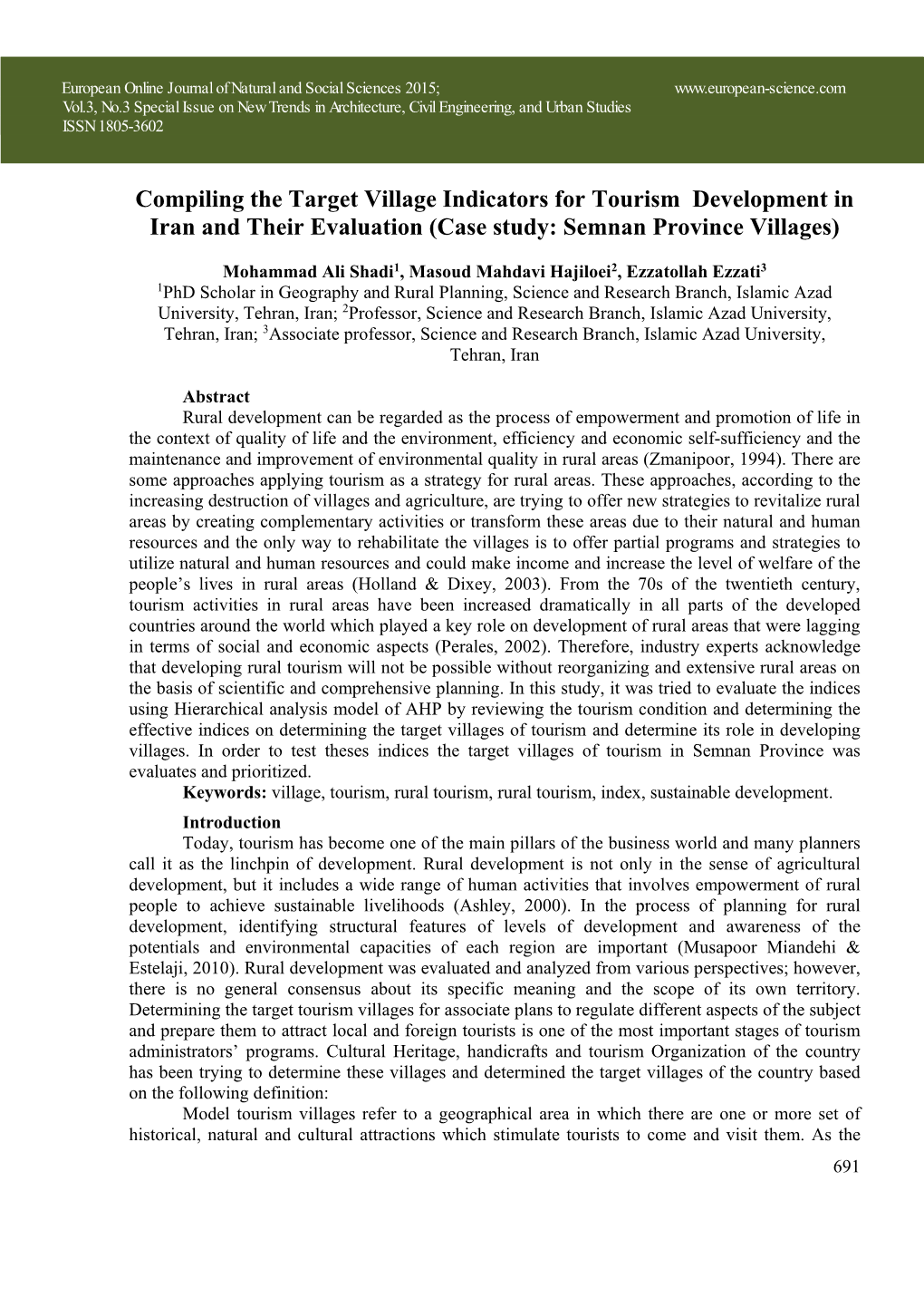 Compiling the Target Village Indicators for Tourism Development in Iran and Their Evaluation (Case Study: Semnan Province Villages)