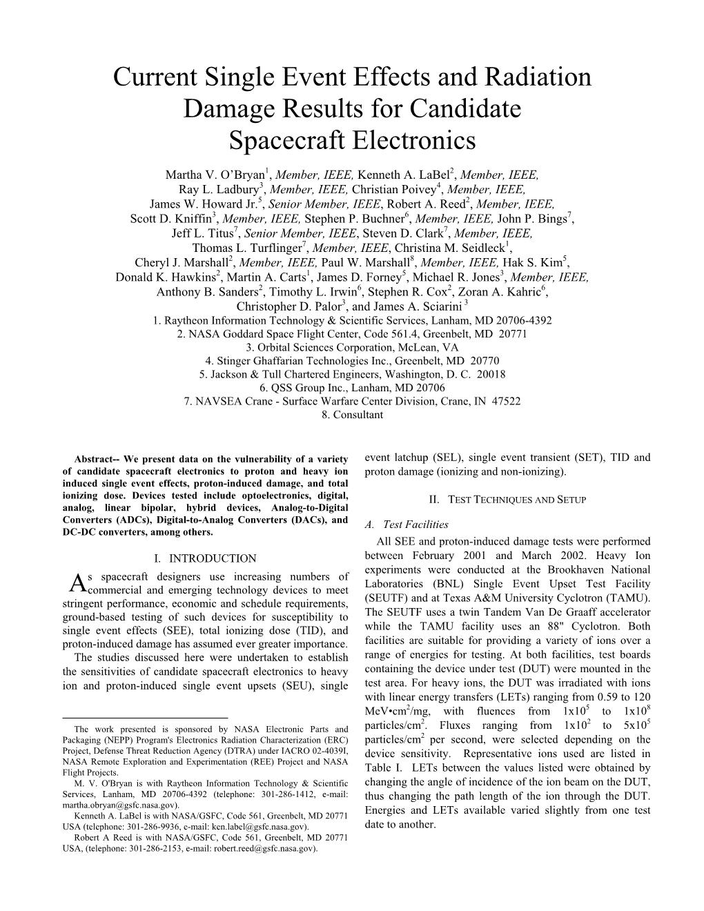 Current Single Event Effects and Radiation Damage Results for Candidate Spacecraft Electronics