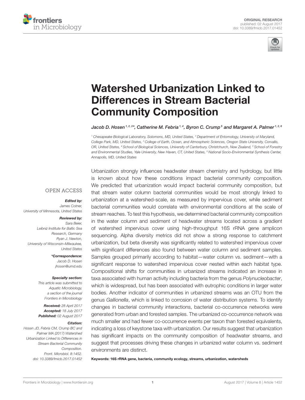 Watershed Urbanization Linked to Differences in Stream Bacterial Community Composition