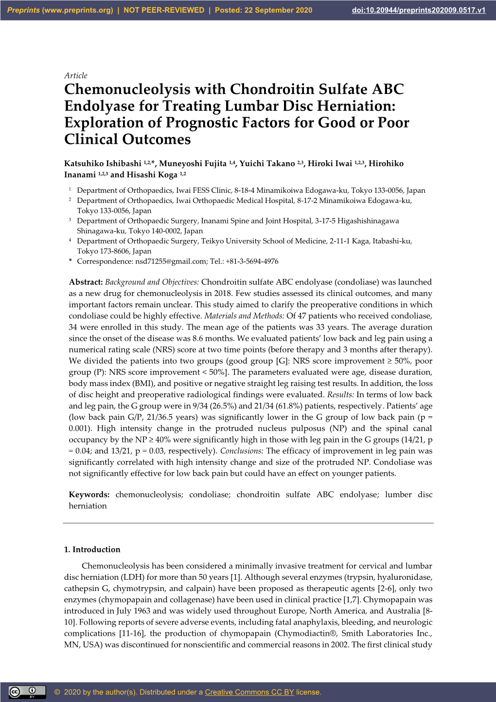 Chemonucleolysis with Chondroitin Sulfate ABC Endolyase for Treating Lumbar Disc Herniation: Exploration of Prognostic Factors for Good Or Poor Clinical Outcomes