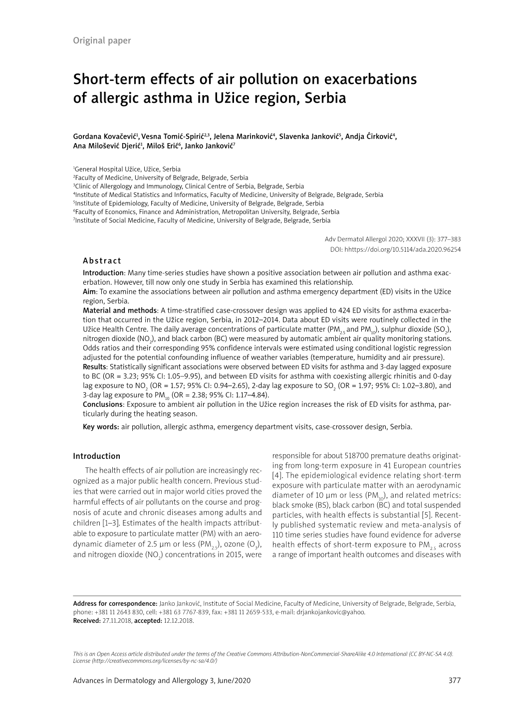 Short-Term Effects of Air Pollution on Exacerbations of Allergic Asthma in Užice Region, Serbia