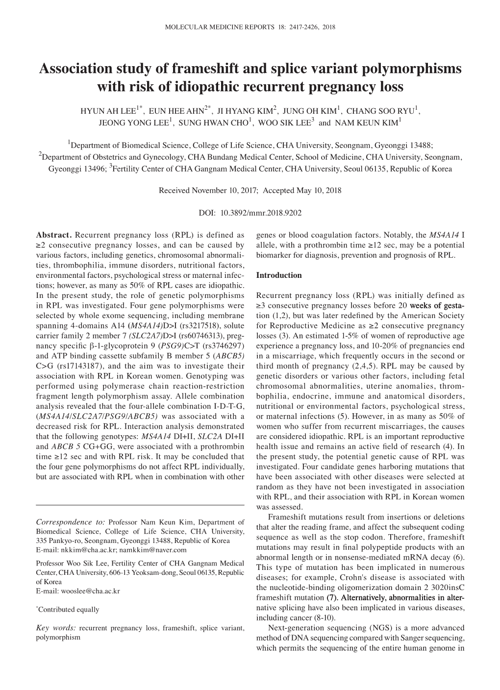 Association Study of Frameshift and Splice Variant Polymorphisms with Risk of Idiopathic Recurrent Pregnancy Loss