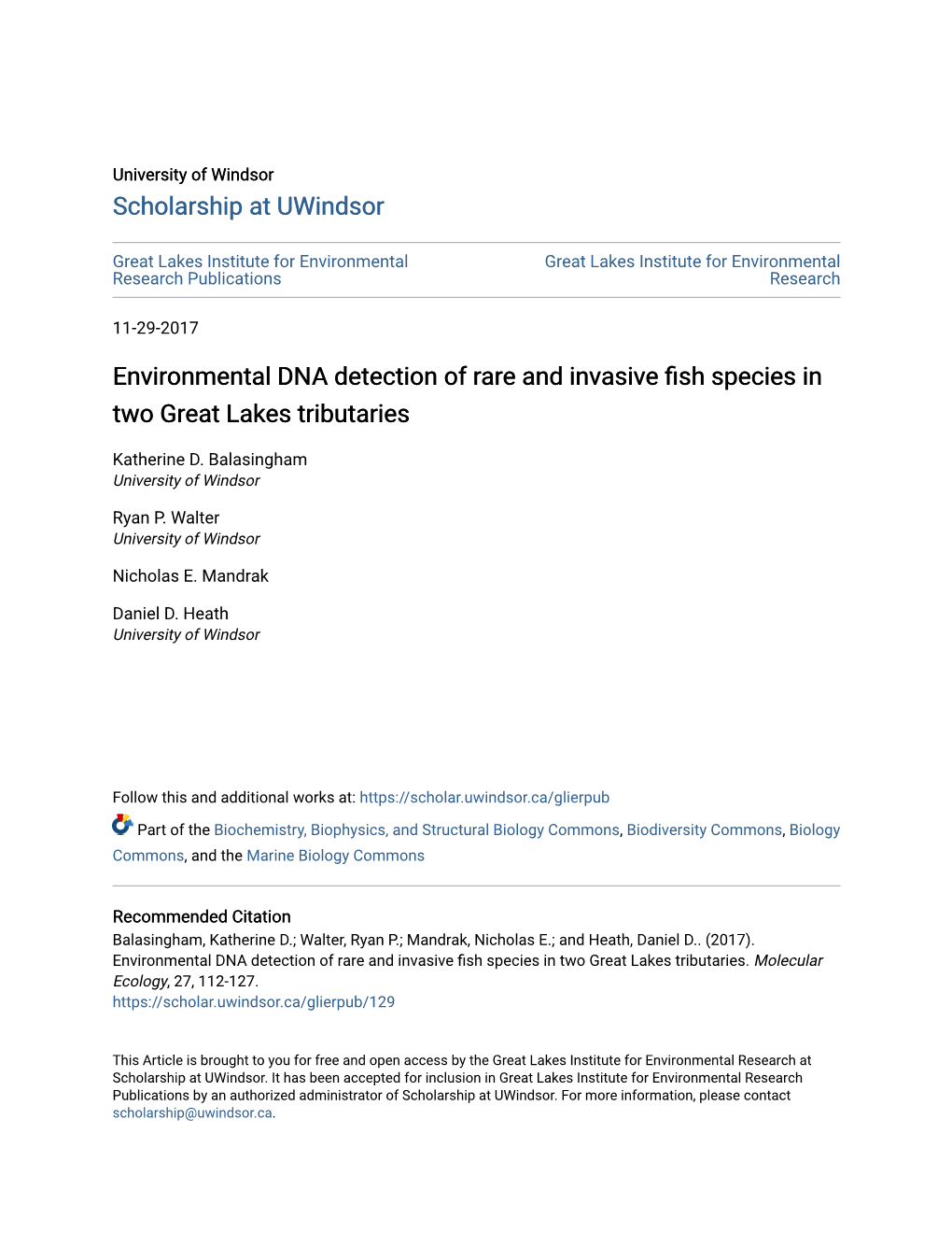 Environmental DNA Detection of Rare and Invasive Fish Species in Two Great Lakes Tributaries