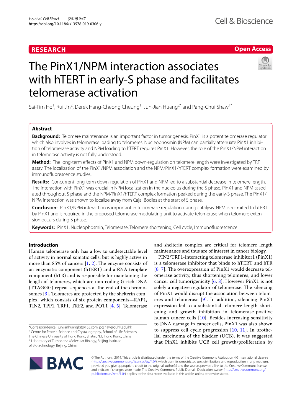 The Pinx1/NPM Interaction Associates with Htert in Early-S Phase And