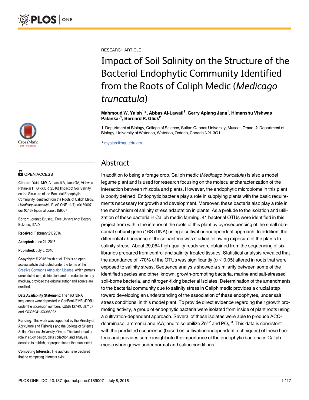 Impact of Soil Salinity on the Structure of the Bacterial Endophytic Community Identified from the Roots of Caliph Medic (Medicago Truncatula)