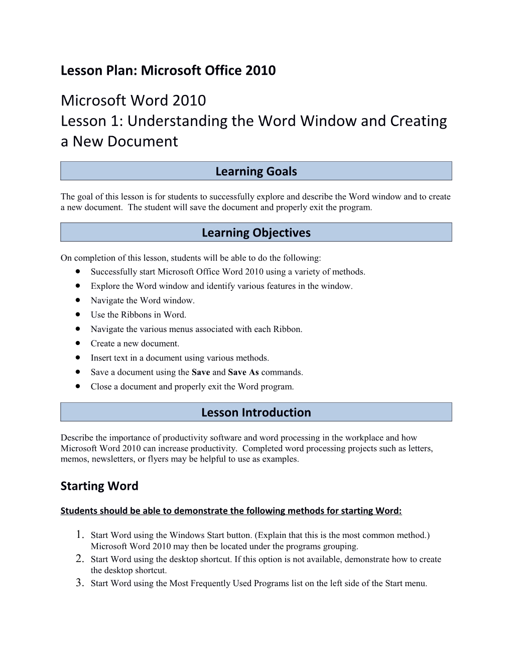 Lesson Plan: Microsoft Office 2010