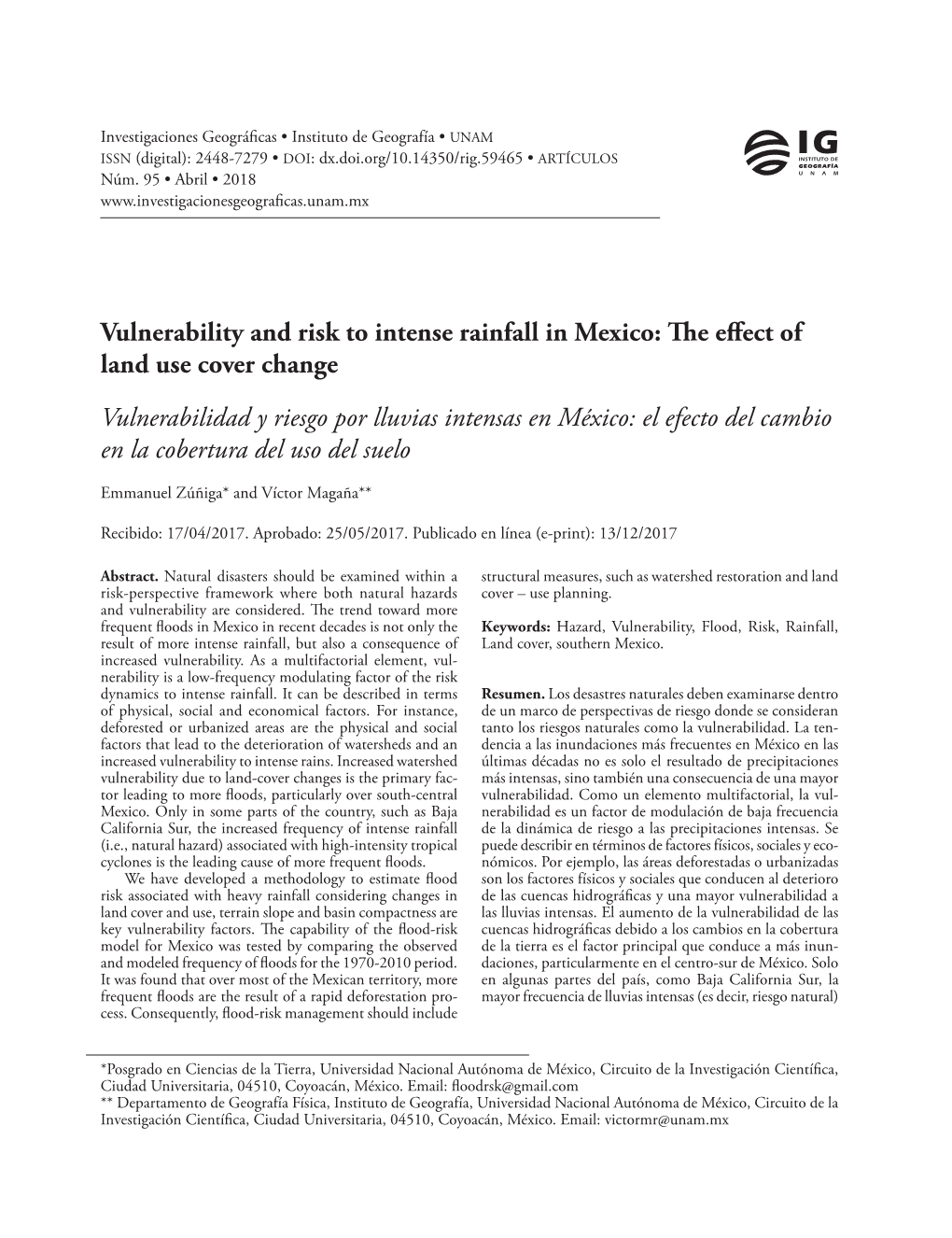 Vulnerability and Risk to Intense Rainfall in Mexico: the Effect of Land Use Cover Change