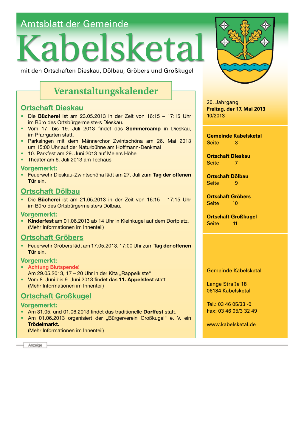 Amtsblatt Der Gemeinde Mit Den Ortschaften Dieskau, Dölbau, Gröbers Und Großkugel