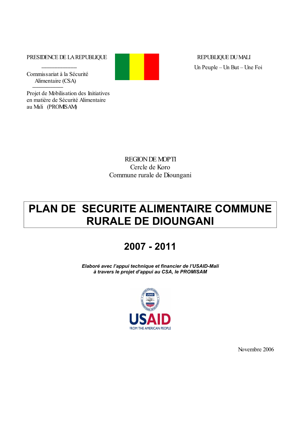 Plan De Securite Alimentaire Commune Rurale De Dioungani