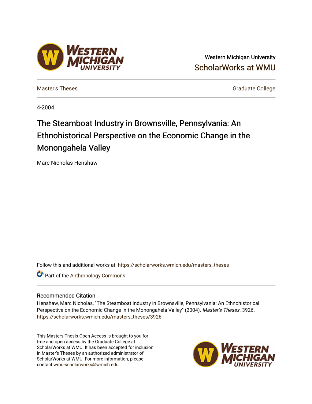 The Steamboat Industry in Brownsville, Pennsylvania: an Ethnohistorical Perspective on the Economic Change in the Monongahela Valley