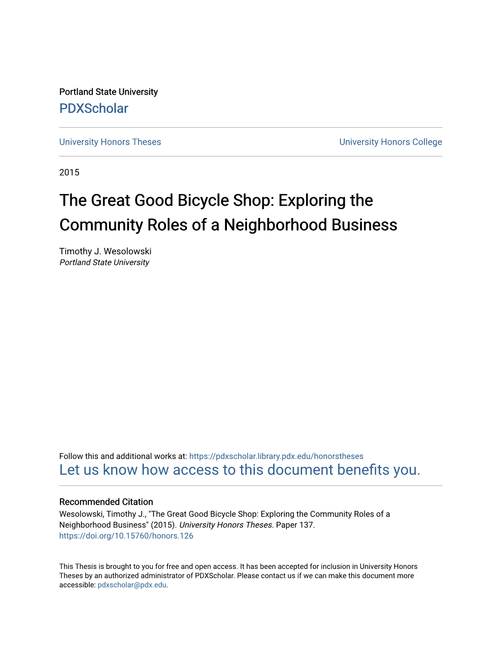 The Great Good Bicycle Shop: Exploring the Community Roles of a Neighborhood Business