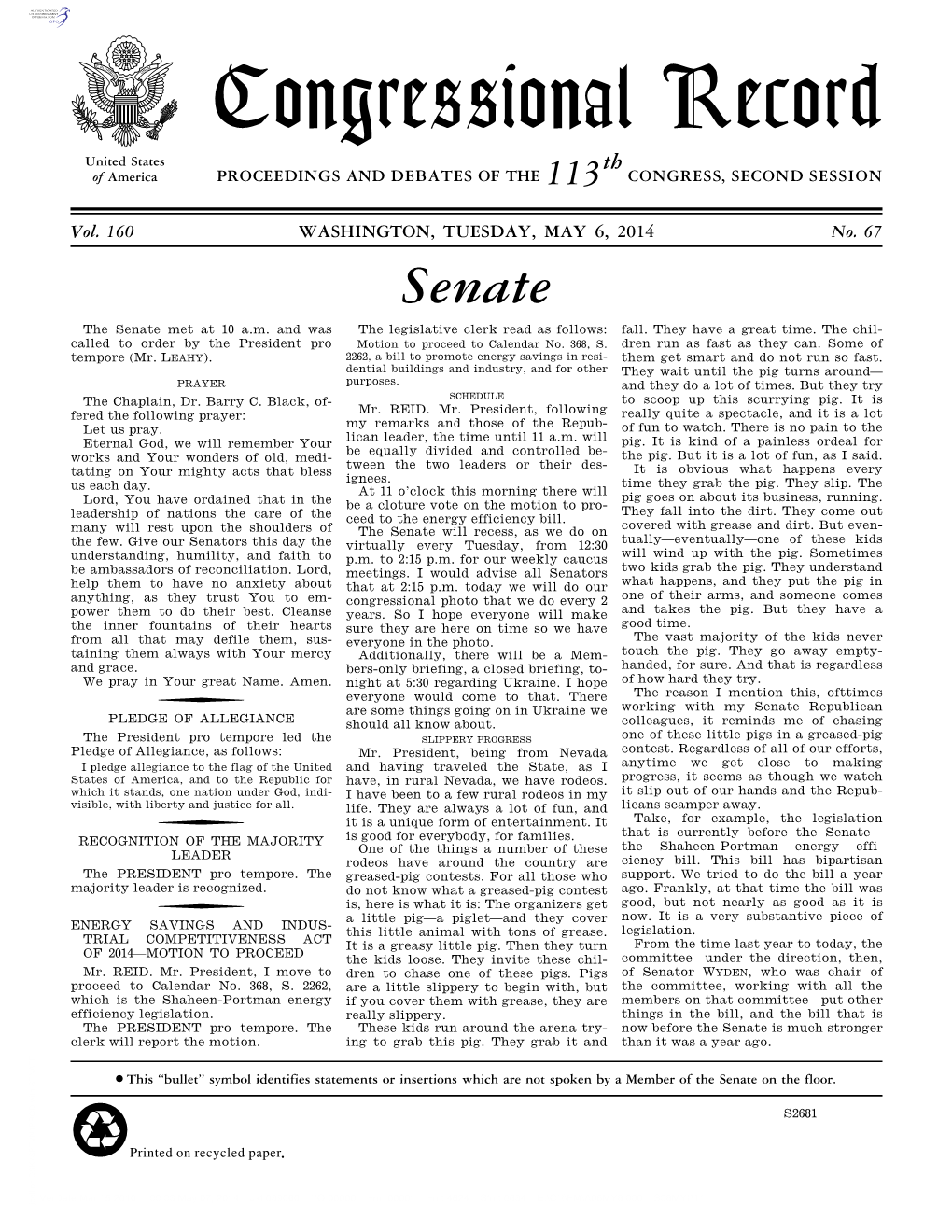 Congressional Record United States Th of America PROCEEDINGS and DEBATES of the 113 CONGRESS, SECOND SESSION